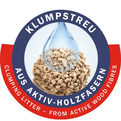 Texto en alemán e inglés: KLUMPSTREU AUS AKTIV-HOLZFASERN, CLUMPING LITTER – FROM ACTIVE WOOD FIBRES. Imagen de fibras de madera y una gota de agua.