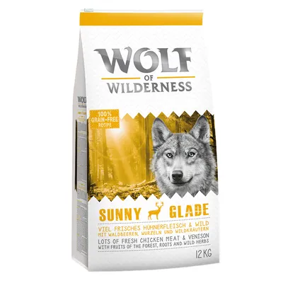 Опаковка Wolf of Wilderness Sunny Glade, 12 кг. Видим текст: 100% grain-free recipe, lots of fresh chicken meat & venison with fruits of the forest, roots and wild herbs.