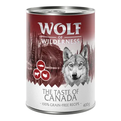 Wolf of Wilderness The Taste of Canada, 100% grain-free recipe, 400 g. Boîte avec illustrations d’animaux et paysage de forêt.