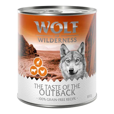 Wolf of Wilderness Dose, The Taste of the Outback, 100% getreidefreie Rezeptur, 800g. Symbole für Känguru, Lamm und Huhn sichtbar.