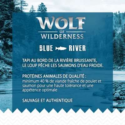 Wolf of Wilderness Blue River. Protéines animales de qualité : minimum 40 % de viande fraîche de poulet et saumon pour une haute tolérance et une appétence optimale. Sauvage et authentique.