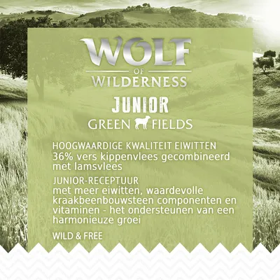 Wolf of Wilderness Junior Green Fields. 36% vers kippenvlees gecombineerd met lamsvlees. Junior-receptuur met meer eiwitten, waardevolle componenten en vitaminen voor harmonieuze groei.
