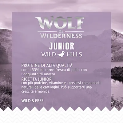 Wolf of Wilderness Junior Wild Hills. Proteine di alta qualità con il 33% di carne fresca di pollo e anatra. Ricetta junior con più proteine, vitamine e componenti naturali delle cartilagini.