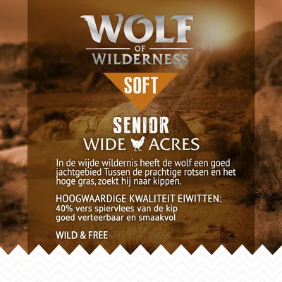 Wolf of Wilderness Soft Senior Wide Acres. 40% vers spiervlees van de kip, goed verteerbaar en smaakvol. Hoogwaardige kwaliteit eiwitten. Wild & Free.