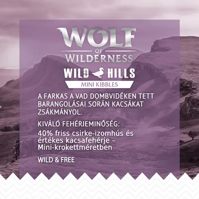 WOLF OF WILDERNESS WILD HILLS MINI KIBBLES. 40% friss csirke-izomhús és értékes kacsafehérje – Mini-krokettméretben. Wild & Free. A farkas a vad dombvidéken kacsákat zsákmányol.