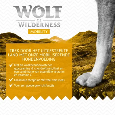 Wolf of Wilderness Mobility hondenvoeding. Met glucosamine, chondroïtinesulfaat, essentiële vetzuren en vitamine C. Graanvrij, veel vers vlees, ondersteunt gewrichtsfunctie.