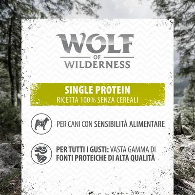 Wolf of Wilderness Single Protein ricetta 100% senza cereali. Per cani con sensibilità alimentare. Vasta gamma di fonti proteiche di alta qualità.