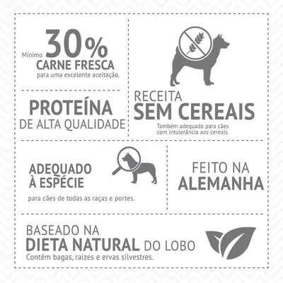 Mínimo 30% carne fresca, proteína de alta qualidade, receita sem cereais, adequado à espécie, feito na Alemanha, baseado na dieta natural do lobo. Contém bagas, raízes e ervas silvestres.