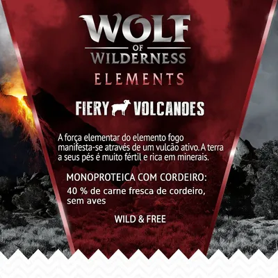 Wolf of Wilderness Elements Fiery Volcanoes. Monoproteica com cordeiro: 40 % de carne fresca de cordeiro, sem aves. Wild & Free. Texto em português e inglês visível na imagem.