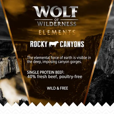 Wolf of Wilderness Elements Rocky Canyons. Single protein beef: 40% fresh beef, poultry-free. The elemental force of earth is visible in deep canyon gorges. Wild & Free.