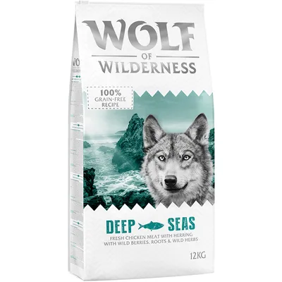 Sac Wolf of Wilderness Deep Seas 12 kg, recette sans céréales, texte en anglais : fresh chicken meat with herring, wild berries, roots & wild herbs. Marque et poids visibles.