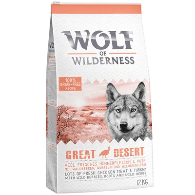 Wolf of Wilderness Great Desert, 12 kg, ricetta senza cereali, pollo fresco e tacchino con frutti di bosco selvatiche, radici ed erbe aromatiche. Testo in inglese e tedesco visibile sulla confezione.