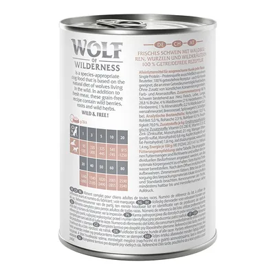 Wolf of Wilderness wet food can for dogs. Fresh pork with forest berries, roots and wild herbs. 100% grain-free recipe. Feeding table by weight visible.