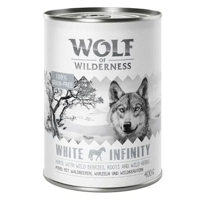 Lata de Wolf of Wilderness White Infinity, 400 g. Texto visible: 100% grain-free, horse with wild berries, roots and wild herbs. Imagen de árbol y lobo en el envase. Lata de Wolf of Wilderness White Infinity, 400 g. Texto visible: 100% grain-free, horse with wild berries, roots and wild herbs. Imagen de árbol y lobo en el envase.