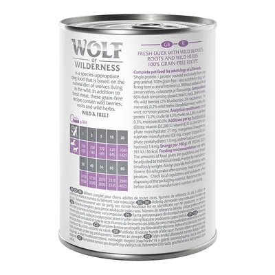 Tabela dawkowania karmy Wolf of Wilderness: dla psa 5 kg – 370 g, 10 kg – 605 g, 20 kg – 1010 g, 30 kg – 1370 g, 60 kg – 2370 g. Widoczna analiza składu i opis produktu po angielsku.