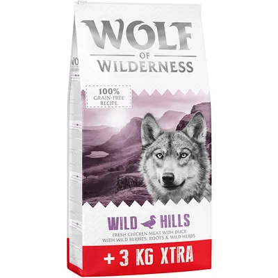 Wolf of Wilderness Wild Hills, 100% grain-free recipe, fresh chicken meat with duck, wild berries, roots & wild herbs, +3 kg XTRA