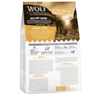 Wolf of Wilderness Rocky Canyons. 40 % tuoretta lihaa ja sisäelimiä laidunnaudoista, viljaton resepti, valmistettu Saksassa, perustuu susien luonnolliseen ruokavalioon.