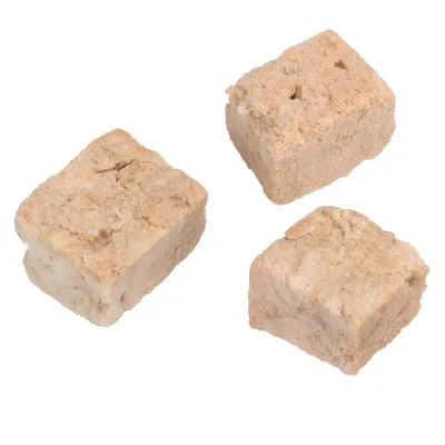 Drei beige, würfelförmige Stücke gefriergetrockneter Tiernahrung, sichtbar mit poröser Textur.