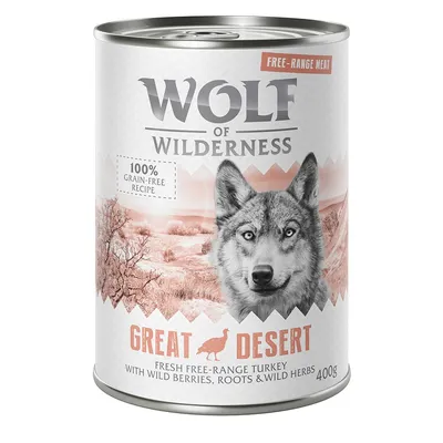 Wolf of Wilderness Great Desert, 100 % viljaton resepti vapaana kasvatetulla kalkkunalla, villimarjoilla, juurilla ja yrteillä. 400 g tölkki.