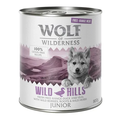 Wolf of Wilderness Junior Wild Hills, 100% беззърнена рецепта с свободно отглеждана патица и телешко, горски плодове, корени и билки. Кутия 800g.