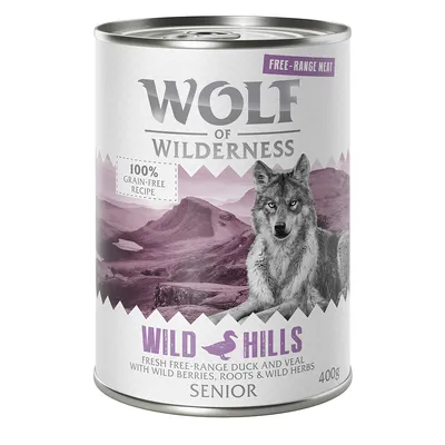 Wolf of Wilderness Wild Hills Senior, 100 % viljaton resepti vapaankasvatusankan ja vasikan kanssa, villimarjoja, juuria ja yrttejä, 400 g tölkki.