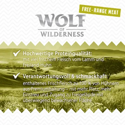 Wolf of Wilderness. Korkealaatuista proteiinia tuoreesta lampaanlihasta ja vapaana kasvatetusta kanasta. Vastuullinen: 100 % tuore kana premium-olosuhteista ulkoilumahdollisuudella.