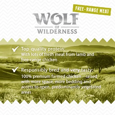 Wolf of Wilderness. Free-range meat. Top-quality protein: With lots of fresh meat from lamb and free-range chicken. Responsibly bred and very tasty: 100% premium farmed chicken.