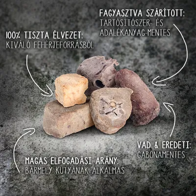 100% tiszta élvezet: kiváló fehérjeforrásból. Fagyasztva szárított: tartósítószer- és adalékanyag-mentes. Vad & eredeti: gabonamentes. Magas elfogadási arány: bármely kutyának alkalmas.