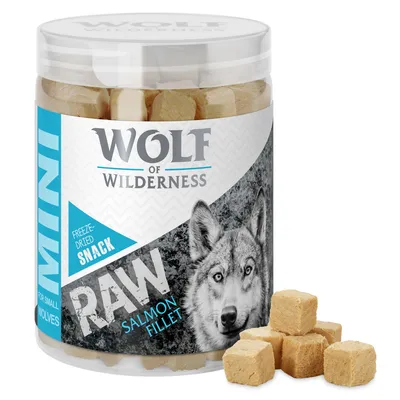 Wolf of Wilderness Mini RAW Freeze-Dried Snack mit Lachsfilet, für kleine Hunde. Verpackung zeigt Wolf und Produktwürfel.