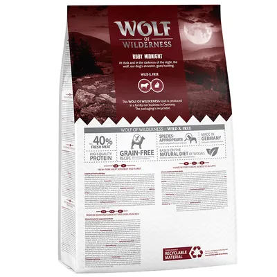 Wolf of Wilderness Ruby Midnight, 40% fresh meat, grain-free, proteine di alta qualità, prodotto in Germania, materiale riciclabile. Testo in inglese visibile sulla confezione.
