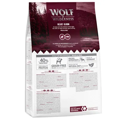 Συσκευασία Wolf of Wilderness Velvet Glade. 40% φρέσκο κρέας, υψηλής ποιότητας πρωτεΐνη, grain-free, παρασκευάζεται στη Γερμανία, ανακυκλώσιμο υλικό. Ορατό αγγλικό κείμενο.