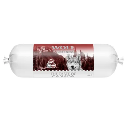Kiełbasa Wolf Wilderness The Taste of Canada 400 g, opakowanie z wizerunkiem wilka i krajobrazem leśnym, widoczne napisy: Wolf Wilderness, The Taste of Canada, 400 g.