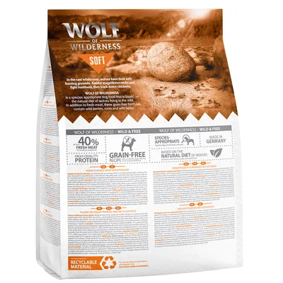 Wolf of Wilderness Soft hundfoder, 40% färskt kött, spannmålsfritt, artanpassat, tillverkat i Tyskland, baserat på vargars naturliga kost. Förpackning återvinningsbar.