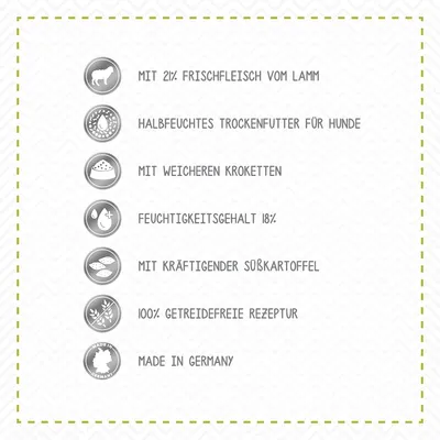 21 % tuoretta lampaanlihaa, puolikostea kuivaruoka koirille, pehmeämmät nappulat, kosteuspitoisuus 18 %, vahvistavaa bataattia, 100 % viljaton resepti, valmistettu Saksassa.