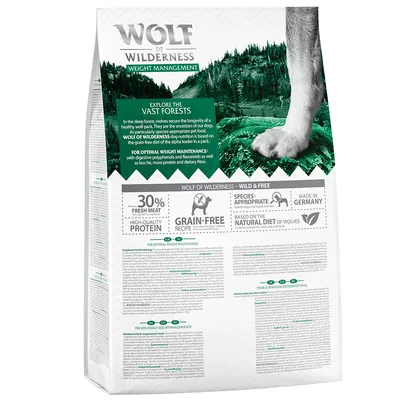 Wolf of Wilderness krmivo pro psy na kontrolu hmotnosti, 30 % čerstvého masa, bez obilovin, vhodné pro druh, vyrobeno v Německu, inspirováno přirozenou stravou vlků.