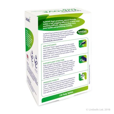 YuMOVE Dog’s, 120 Tasty Tablets. Englanninkielinen pakkaus: mainostaa nivelten terveyttä, liikkuvuuden edistämistä ja jäykkyyden lievitystä. Sisältää ActiveEase Green Lipped Mussel -ainesosan.