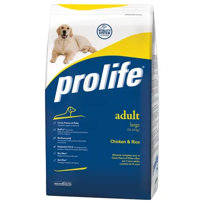 Prolife Adult Large (26-44 kg) con pollo e riso. Vitality System nucleotidi, bioflavonoidi, prebiotici F.O.S., Bio-Mos, Sel-Plex. Per cani da 16 mesi.