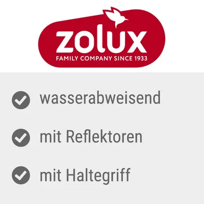 zolux FAMILY COMPANY SINCE 1933. Texte en allemand : wasserabweisend, mit Reflektoren, mit Haltegriff.