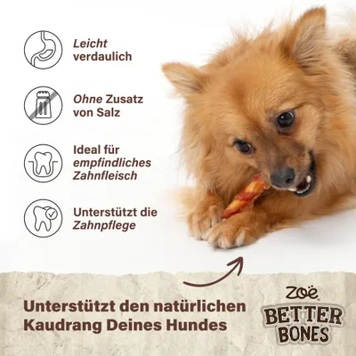Zoë Better Bones: Leicht verdaulich, ohne Zusatz von Salz, ideal für empfindliches Zahnfleisch, unterstützt die Zahnpflege und den natürlichen Kaudrang deines Hundes. Zoë Better Bones: Leicht verdaulich, ohne Zusatz von Salz, ideal für empfindliches Zahnfleisch, unterstützt die Zahnpflege und den natürlichen Kaudrang deines Hundes.