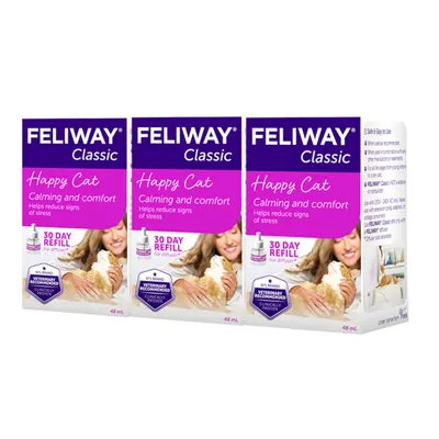 Feliway Classic Happy Cat 30 day refill pack, calming and comfort, helps reduce signs of stress, clinically proven, veterinary recommended, for diffuser, 48ml. Feliway Classic Happy Cat 30 day refill pack, calming and comfort, helps reduce signs of stress, clinically proven, veterinary recommended, for diffuser, 48ml.