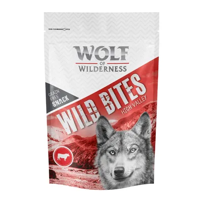 Sachet Wolf of Wilderness Wild Bites High Valley, texte visible : Grain Free Snack, image de loup et pictogramme vache rouge en bas à gauche.