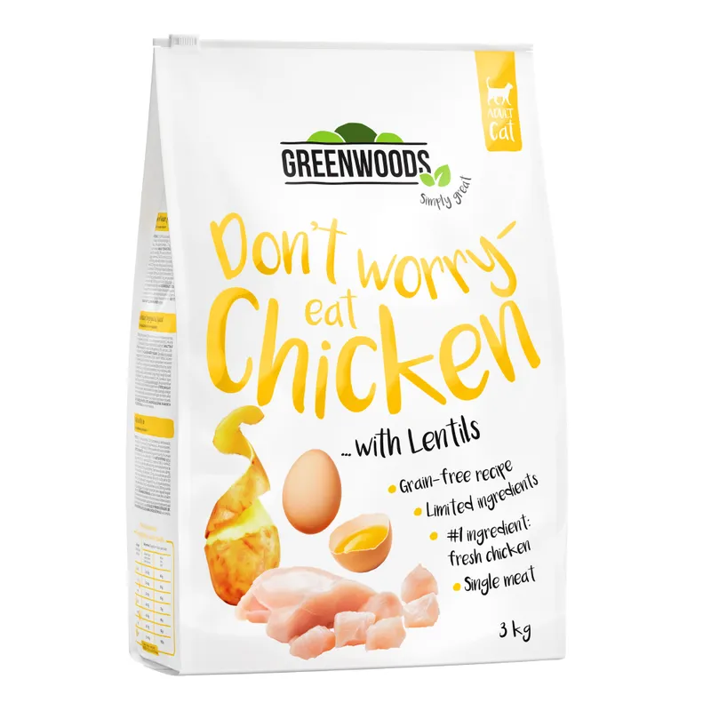 Greenwoods 3 x 3 kg pienso para gatos - Pack Ahorro - Pollo con lentejas, patatas y huevo