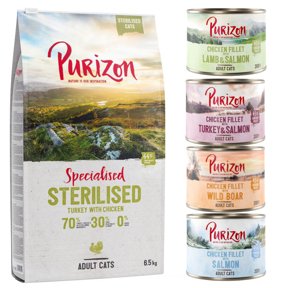 

Purizon 2 x 6,5 kg ração para gatos + 6 x 200 g comida húmida grátis! - Adult Sterilised com frango e peru