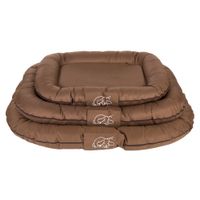 Letti per cani marroni in tre misure, con logo ricamato di un cane che dorme sul davanti.