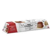 Purina Gourmet Revelations mousse con manzo, con salsa. La confezione mostra il prodotto e un gatto bianco. Contenuto: 4 porzioni.
