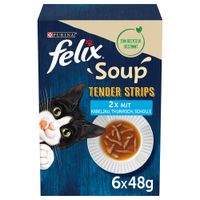 Purina Felix Soup Tender Strips, 2x con merluzzo, tonno, platessa, 6x48g. Confezione con indicazione per il riciclo.