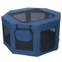 Box esagonale blu con finestre in rete, tetto rimovibile e una tasca esterna. Adatta per pet. Materiale: tessuto e rete.