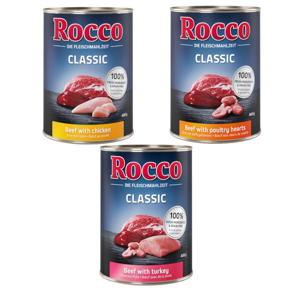 Rocco Classic Provmix 6 x 400 g - Fjäderfämix: Nötkött & höna, Nötkött & fjäderfähjärta, Nötkött & kalkon
