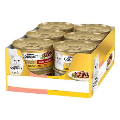 Multipack of Gourmet Gold tins, visible flavours include chunks in gravy with chicken and liver. Packaging shows images of food pieces on a plate.