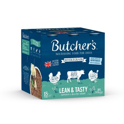 Butcher's wholegrain nourishing food, 18 tins with chicken, beef, and turkey. Lean & Tasty, supports healthy weight, 20% less fat. British & Irish farmed, developed by nutritionists.